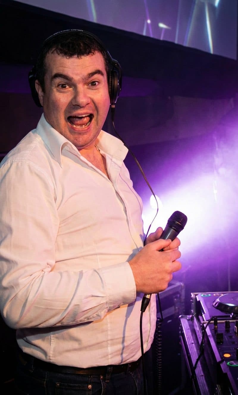 Alan Geraghty on the microphone during a wedding reception